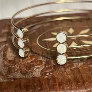 Boho Triple Layer Gold Wire Open Cuff w/ Faux Opal AB Crystal Accents